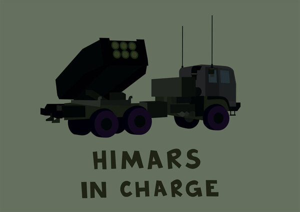 illustration of artillery armored vehicle near himars in charge lettering on grey