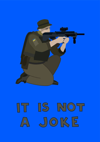 illustration of soldier with ukrainian flag on uniform protecting country near it is not a joke lettering on blue 
