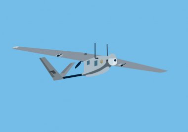 illustration of cartoon military drone with ukrainian trident symbol on blue background 