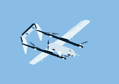 illustration of cartoon unmanned aerial vehicle with national ukrainian symbol on blue background 