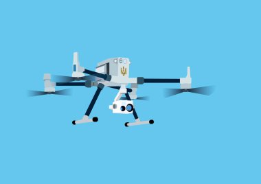 illustration of cartoon military drone with video camera and ukrainian trident on blue background 