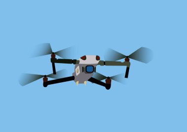 illustration of modern military drone with video camera with ukrainian trident symbol on blue background