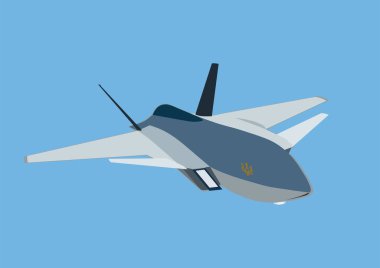 illustration of unmanned aerial vehicle with ukrainian trident symbol on blue background clipart