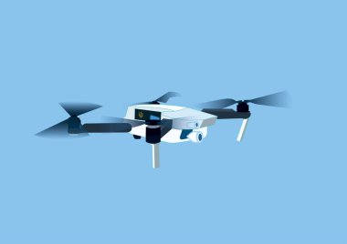 illustration of military quadcopter with ukrainian trident symbol and video camera on blue background
