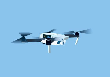 illustration of military quadcopter with ukrainian trident symbol and video camera on blue background clipart