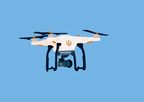 illustration of remote controlled military drone with ukrainian trident symbol and video camera on blue background 