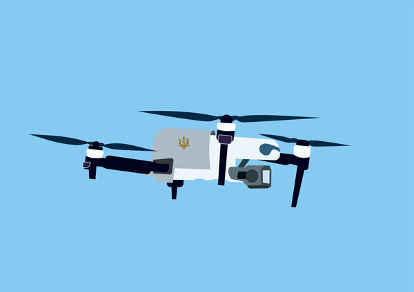 illustration of modern military unmanned aerial vehicle with video camera with ukrainian trident on blue background