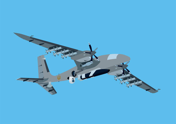 illustration of autopilot military drone with ukrainian trident symbol on blue background
