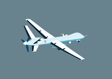 illustration of defense military aircraft with ukrainian trident symbol isolated on grey clipart