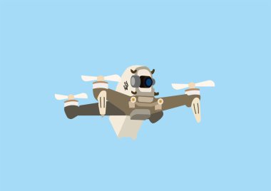 illustration of modern military quadcopter drone with video camera and ukrainian trident isolated on blue  clipart