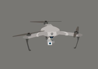 illustration of modern military quadcopter drone with video camera and ukrainian trident isolated on grey clipart