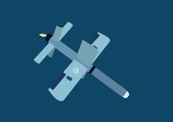 illustration of unmanned aerial vehicle with ukrainian trident symbol isolated on blue 