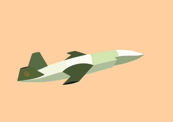 illustration of unmanned aerial vehicle with ukrainian trident symbol and military pattern on peach color background 