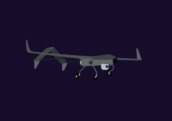 illustration of modern military drone with video camera and ukrainian trident isolated on dark blue