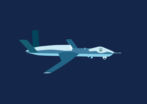illustration of military unmanned aerial vehicle with ukrainian trident isolated on dark blue