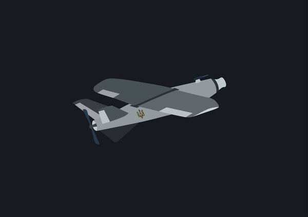 illustration of unmanned aerial vehicle with ukrainian trident symbol isolated on black