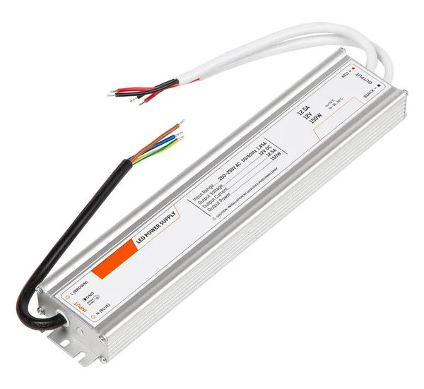 Fonte de alimentação LED Driver com fios em caixa de metal isolada em branco — Fotografia de Stock