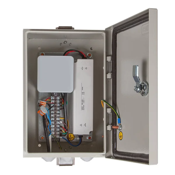 Outdoor Open Metal Electrical Cabinet Junction Box Warning Signson White — Stockfoto
