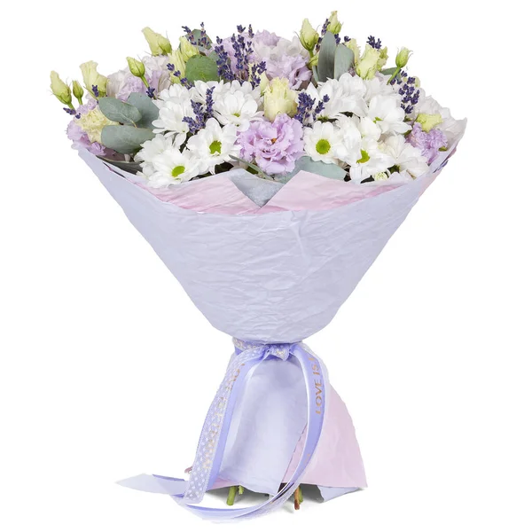 Licht Boeket Van Witte Bloemen Papieren Kegel Geïsoleerd Witte Achtergrond — Stockfoto