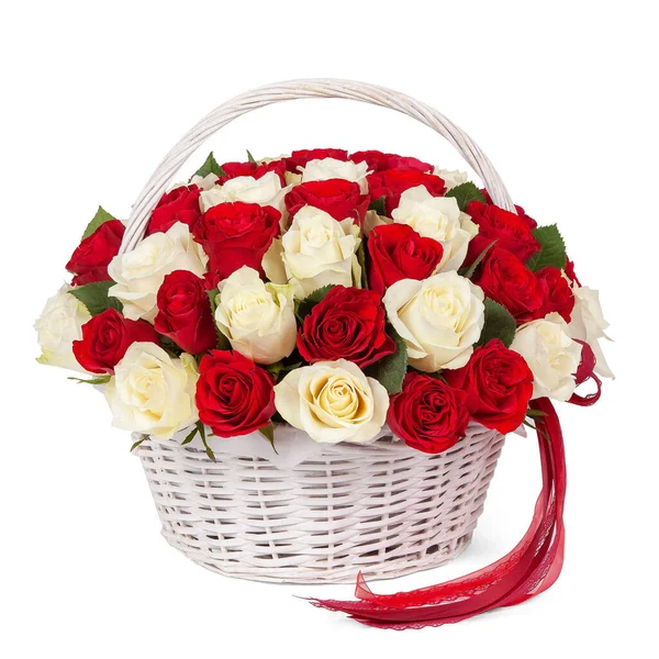 Rose Rosse Bianche Cesto Con Bouquet Nastro Rosso Offlowers Isolato Immagine Stock