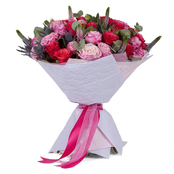 Bouquet Red Pink Flowers Blue Paper Cone Pink Ribbons Isolated — стоковое фото