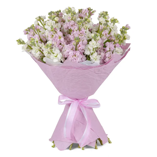 Bouquet Piccoli Fiori Viola Bianchi Cono Carta Con Nastro Isolato Foto Stock