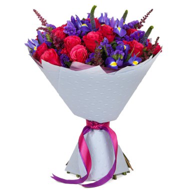 Bouquet of red and blue flowers wrapped in paper cone with ribbon for present isolated on white background