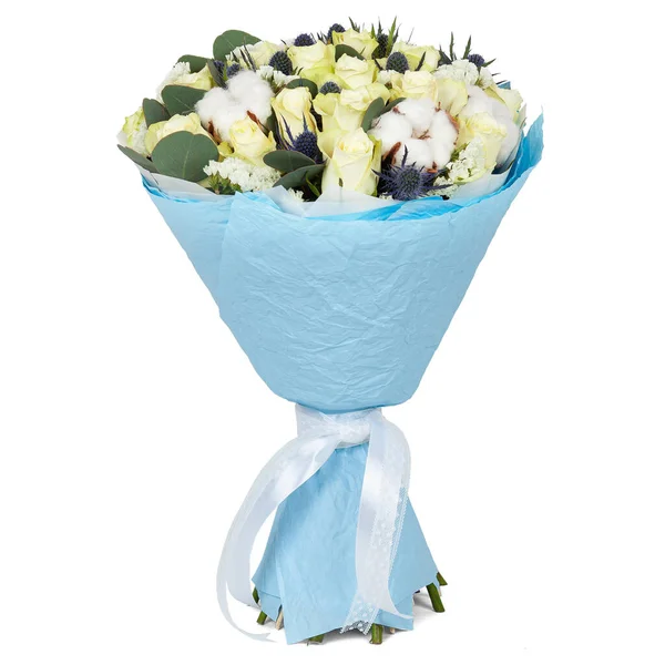 Bouquet of white and green flowers wrapped in blue paper cone with ribbon for present isolated on white background — стоковое фото