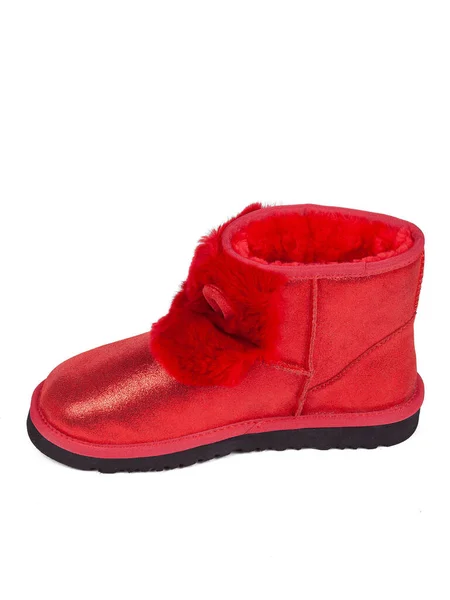 Red Winter Woman Boots Fur White Background — Photo