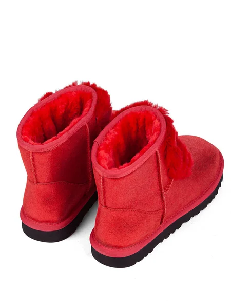 Red Winter Woman Boots Fur White Background —  Fotos de Stock