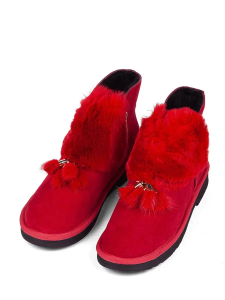 Red Winter Woman Boots Fur White Background — Stok fotoğraf