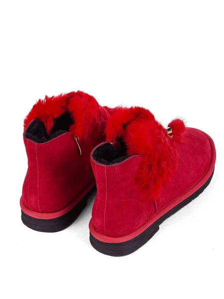 Red Winter Woman Boots Fur White Background — Zdjęcie stockowe