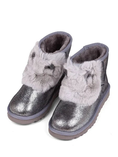 Silver Winter Woman Boots Fur White Background — Stok fotoğraf