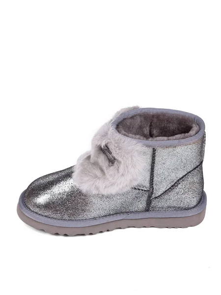 Silver Winter Woman Boots Fur White Background — Stok fotoğraf