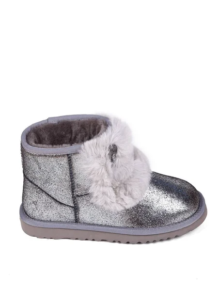 Silver Winter Woman Boots Fur White Background — Stockfoto