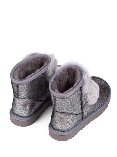 Silver Winter Woman Boots Fur White Background — Stockfoto