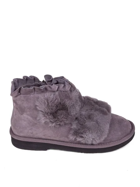 Purple Winter Woman Boots Fur White Background — Stok Foto