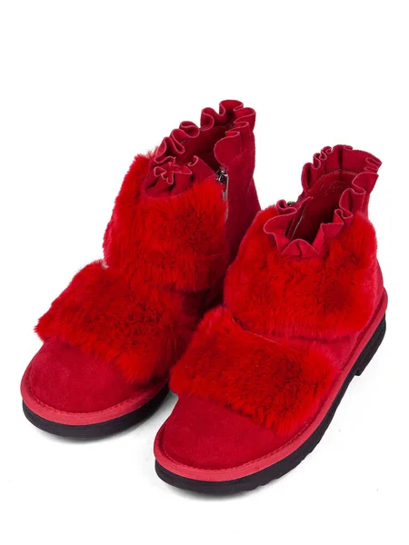 Red Winter Woman Boots Fur White Background —  Fotos de Stock
