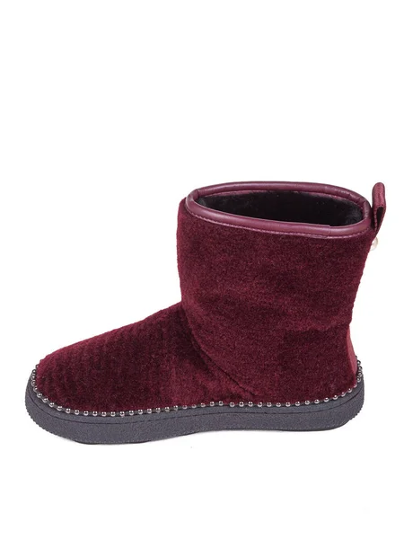 Dark Red Winter Woman Boots Fur White Background — Zdjęcie stockowe