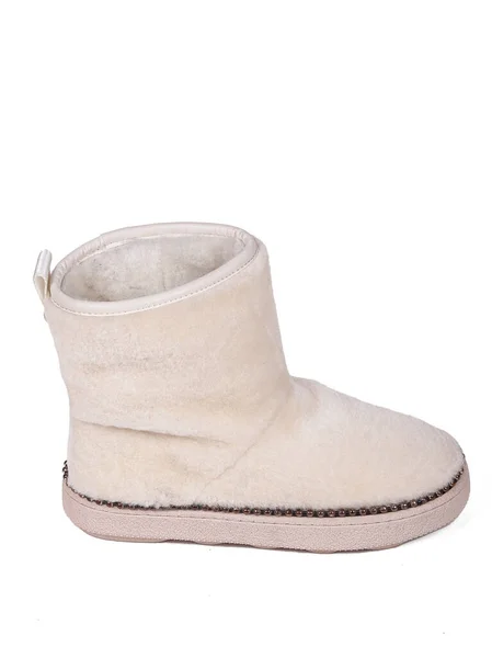 White Winter Woman Boots Fur White Background — Stok fotoğraf