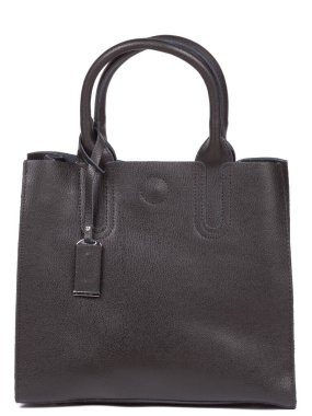 Black large with strap leather woman's handbag isolated on white background.