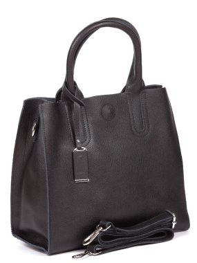 Black large with strap leather woman's handbag isolated on white background.