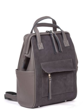 Grey woman's leather fashion backpack on white background.