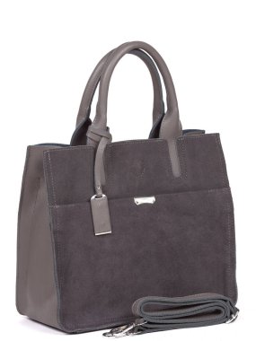 Grey leather woman's handbag with strap isolated on white background.