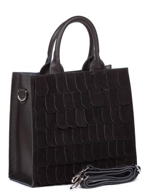 Black large with strap leather woman's handbag isolated on white background.