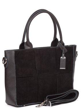 Black large with strap leather woman's handbag isolated on white background.