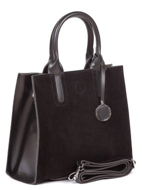 Black large with strap leather woman's handbag isolated on white background.