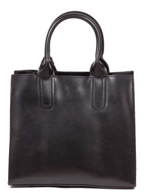 Black large with strap leather woman's handbag isolated on white background.