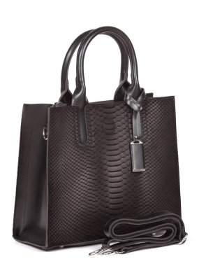 Black large with strap leather woman's handbag isolated on white background.