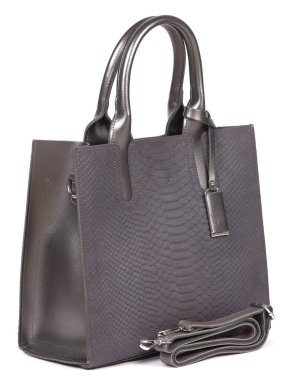 Grey leather woman's handbag with strap isolated on white background.
